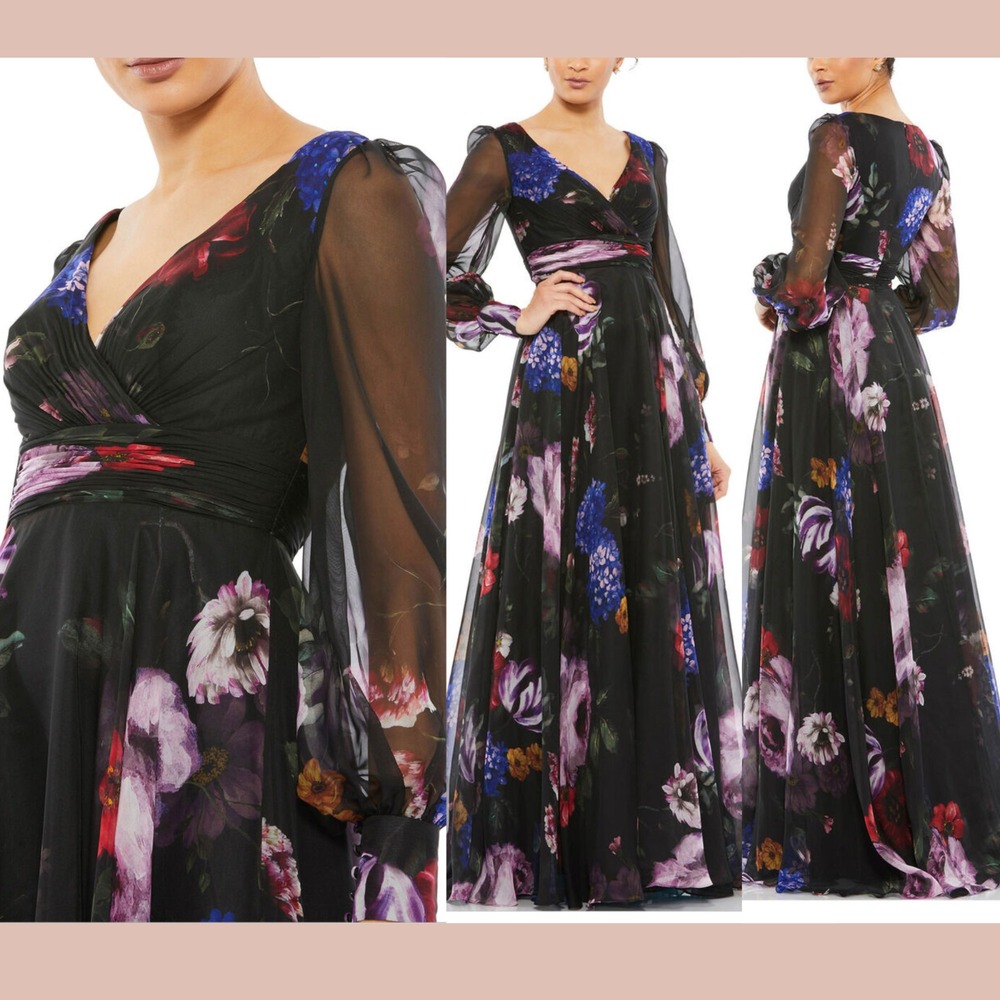 NWT Mac‎ Duggal [ 2 ] 67872 Floral Chiffon Long Sleeve Maxi Dress Black #S1875